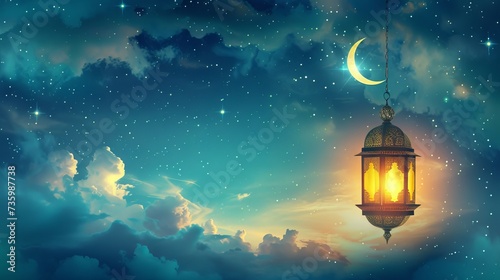 Ramadan Kareem - beautiful night scene with crescent moon, traditional lantern, and bokeh effect - celebration of Eid ul Fitr