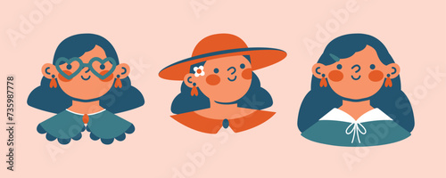 Cute teenage girls, kids, school girl's. Set of different girl's portrait in eyeglasses, hat, collar. Clip arts with cartoon children. World Children's Day. Girl power.