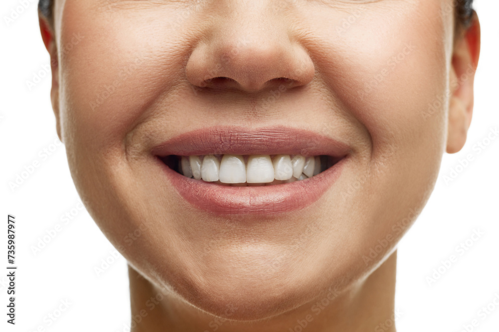 Cropped portrait of middle-aged woman with full moisturized pink lips and well-kept skin. Model smiling with teeth. Prevention of nasolabial folds. Concept of beauty, health care, stomatology, surgery Cropped portrait of middle-aged woman with full moisturized pink lips and well-kept skin. Model smiling with teeth. Prevention of nasolabial folds. Concept of beauty, health care, stomatology, surgery