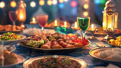 Ramadan Kareem: Delicious Iftar feast with dates, fruits, salads, and meat dishes on a decorated table © Ameer