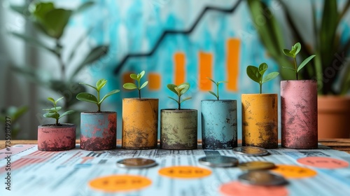 Pots with plants on a colorful background