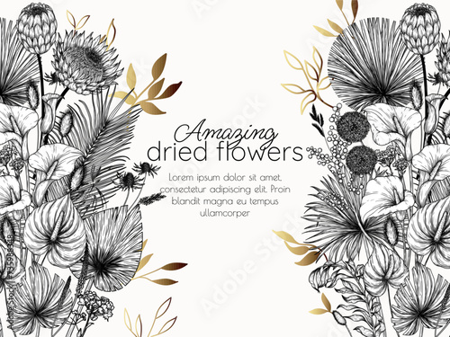 Vector illustration of a card template with a bouquet of dried flowers in engraving style	