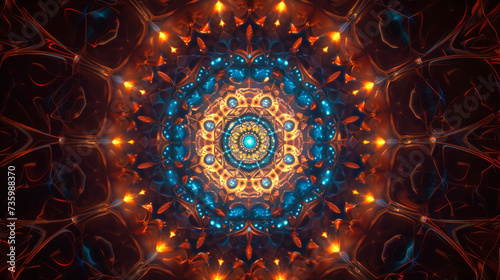 A Mesmerizing Digital Art Piece with a Radiant Blue and Fiery Orange Symmetry. This Abstract Design Combines Luminous Details and Dark Contrasts, Perfect for a Graphic Illustration