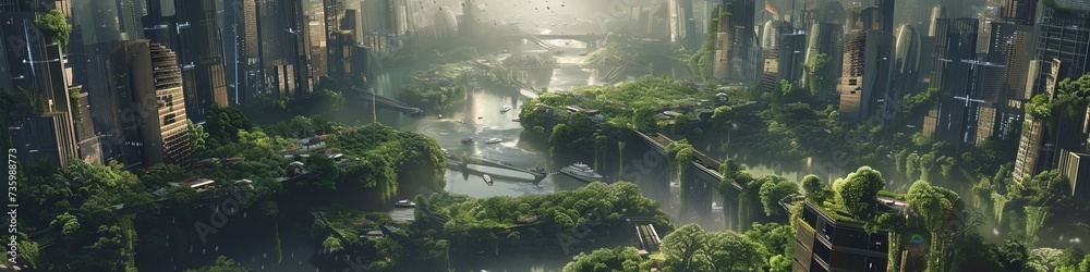 A future metropolis Earth, where traditional landscapes are replaced by digital gardens and virtual nature reserves, amidst a backdrop of high-tech infrastructure.