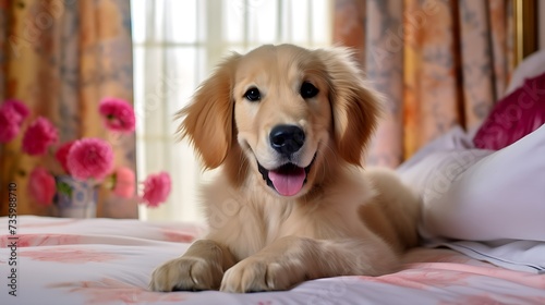 Pets friendly hotel or home room. Golden retriever puppy dog in luxurious hotel resting in bed. Traveling with pets. Emotional support concept.