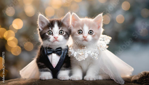 deux chatons mignons en tenue de marié et mariée pour leur mariage, avec costume et robe pour la célébration, sur fond flou photo