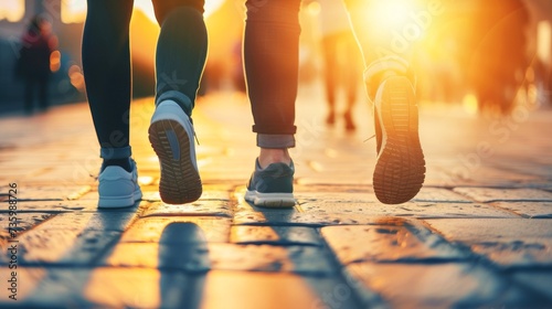 Close-up, Marathon running race people competing in fitness and healthy active lifestyle feet on road