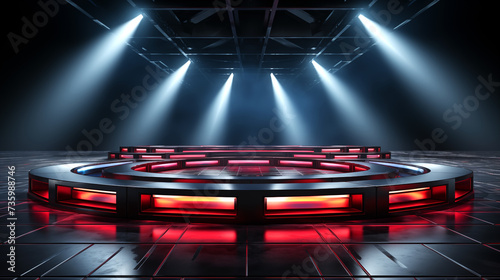 Empty circular podium illuminated by spotlights in a concept of winning and achievement, colored  © Atlantist studio