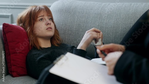 Frustrated young red hair girl laying down the couch and telling sad news her psychotherapist. Nervous lady giving feedback for professional psychological consultant indoors photo