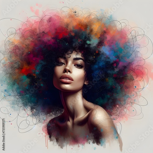 Black woman with beautiful afro multicolored hair showing strong personality . Women's day and Mothers day special  digital art, unique illustration concept  © MdJahangir