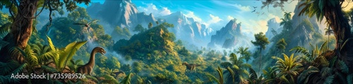 A lush Cretaceous landscape, where towering dinosaurs roam among giant ferns and cycads, a vibrant tableau alive with the sounds and colors of prehistoric Earth,