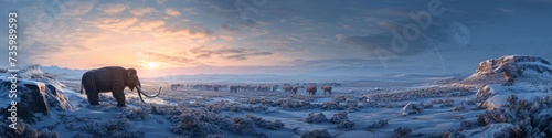 A high vantage point overlooking a vast Ice Age expanse, where herds of woolly mammoths traverse the snow-blanketed terrain, their path illuminated by  photo