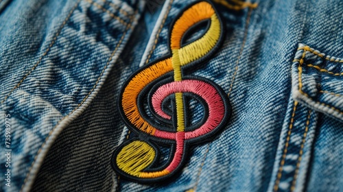 Vibrant, intricately embroidered music note patch on a trendy denim jacket. A stylish fashion accessory that connects music and fashion with its sharp-focused, hyper-realistic design and delicate sti