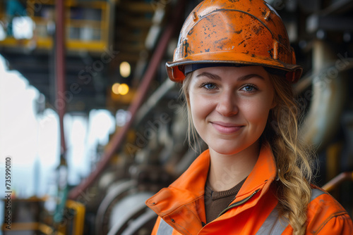A focused female engineer in safety gear gazes at the machinery on an oil rig, exemplifying women's empowerment in industrial fields.