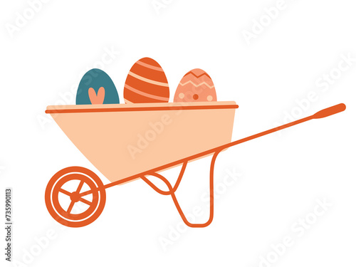 Wheelbarrow with easter eggs. Vector illustration for Easter card, banner, sticker, badge. Cottagecore, village life concept. Cartoon funny print.
