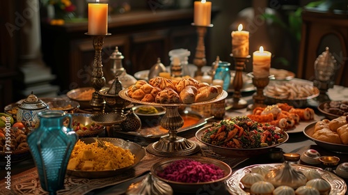 Ramadan Kareem: Delicious Iftar feast with dates, fruits, salads, and meat dishes on a decorated table