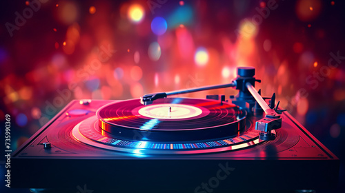 Vinyl record DJ player at bright lights disco.