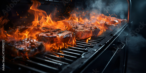 Charcoal fire dance, Flaming grill set against a black cooking background. A grill with smoke coming out of it, 