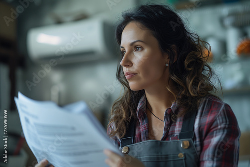 A thoughtful young woman engrossed in reading a document by the soft natural light near a window.