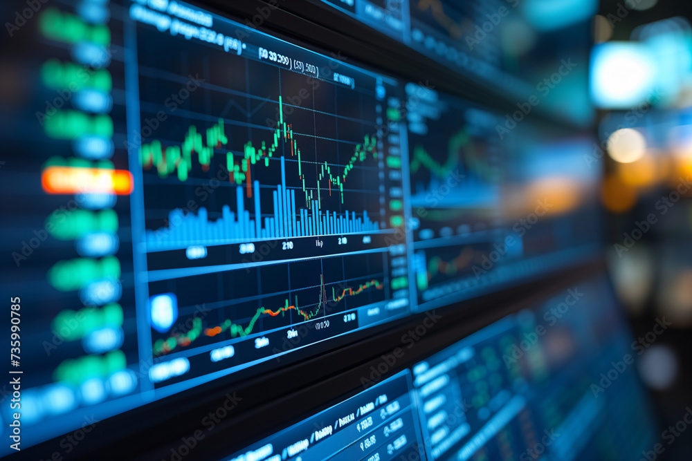 Screens display detailed stock market charts and trading data, a tool for financial analysis. Screens display detailed stock market charts and trading data, a tool for financial analysis.
