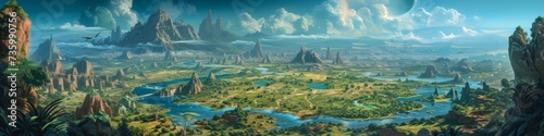 A panoramic view of Pangaea's rich landscapes, depicting the early stages of continental drift; colossal land bridges connecting diverse biomes, ranging from  photo