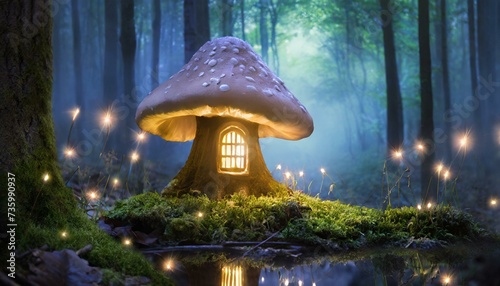 Mushroom house at night with illuminated windows in a fantasy forest