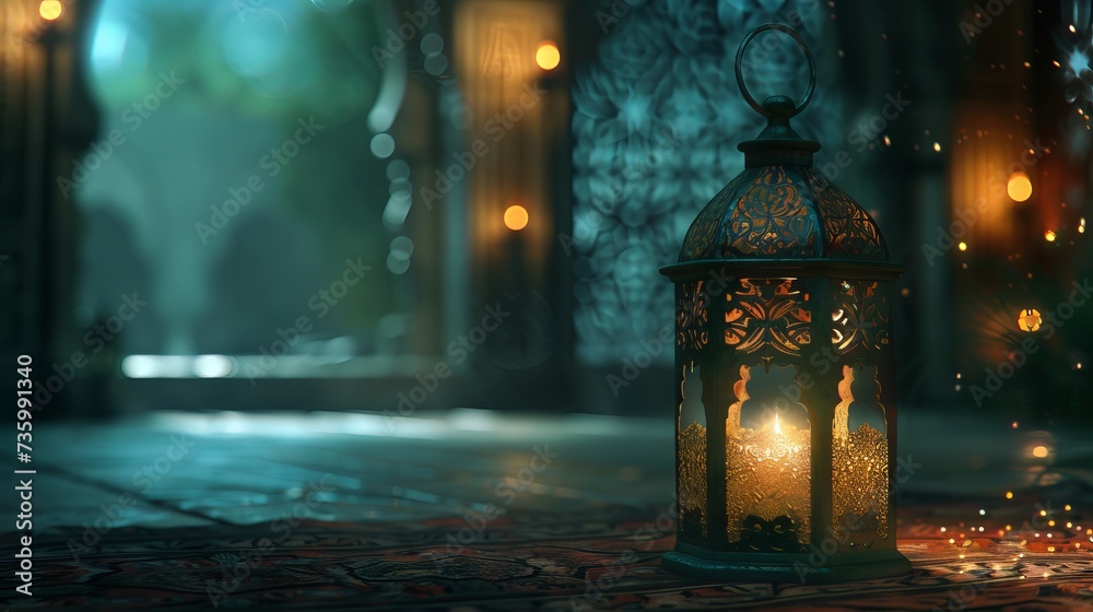 Ramadan Kareem greeting card with glowing Arabic lantern and candle at night with copy space