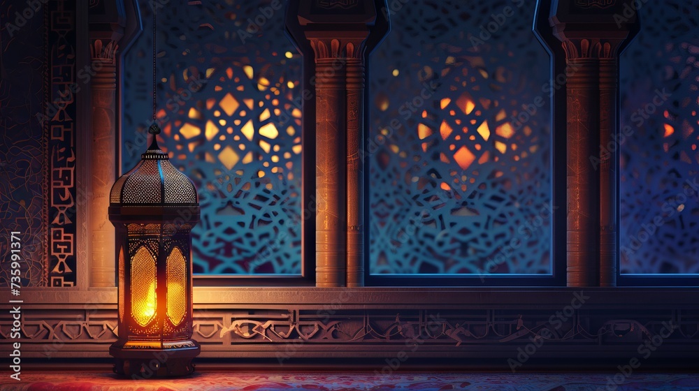 Ramadan Kareem - beautiful night scene with crescent moon, traditional lantern, and bokeh effect - celebration of Eid ul Fitr - obrazy, fototapety, plakaty 