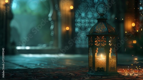 Ramadan Kareem greeting card with glowing Arabic lantern and candle at night with copy space