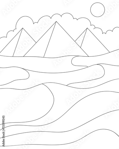 Desert and pyramids. Egyptian background.  Coloring page, icon, black and white vector illustration.
