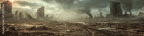 A post-apocalyptic landscape, where once-bustling metropolises are now ghost towns, their skeletal structures standing as monuments to a fallen civilization, under a dusky, polluted sky photo
