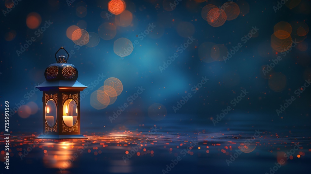 Ramadan Kareem greeting card with glowing lantern and bokeh lights on blue background - obrazy, fototapety, plakaty 
