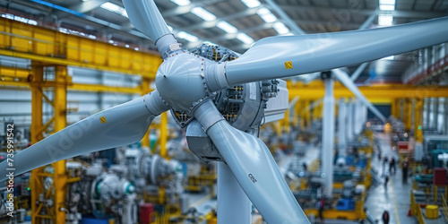 A large wind turbine component undergoes assembly in a busy industrial manufacturing facility. photo