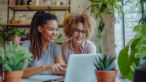 Two creative professionals collaborating on a project using a laptop in a modern workspace with green plants.