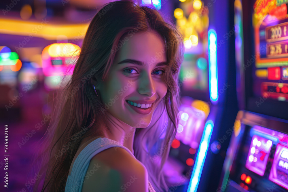 Joyful Woman in a Casino, a Portrait of a Young Female Gambler, Enjoying a Fun-filled Lifestyle and Smiling with Happiness while Entertaining Herself with a Game of Luck in a Vibrant Background. Joyful Woman in a Casino, a Portrait of a Young Female Gambler, Enjoying a Fun-filled Lifestyle and Smiling with Happiness while Entertaining Herself with a Game of Luck in a Vibrant Background.