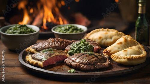  Argentinian Asado Celebration Sizzling cuts of beef on the grill, chimichurri sauce, and empanadas - AI photo