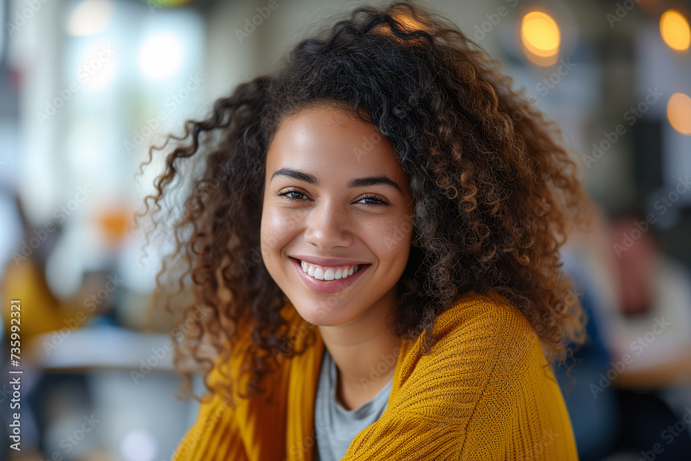 Woman with lush curls and a vivacious smile, in casual business attire, with a backdrop of engaged colleagues. Woman with lush curls and a vivacious smile, in casual business attire, with a backdrop of engaged colleagues.