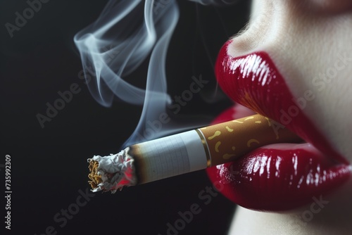 closeup of a cigarette between lips, smoke blowing out