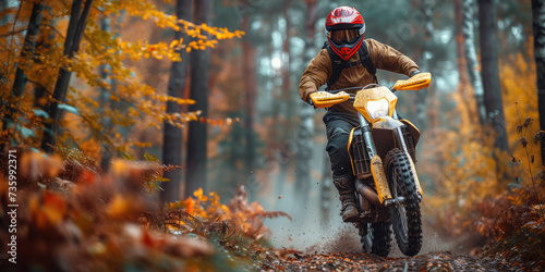 A motorcyclist clad in protective gear takes an exhilarating ride through a misty autumn forest on a dirt bike.