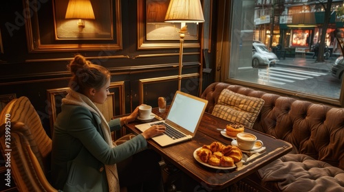 Person working on laptop in a cozy cafe with plush chairs, wooden tables, soft lighting, warm atmosphere. Enjoying city view, coffee, pastries. Engrossed in work, feeling freedom and adaptability
