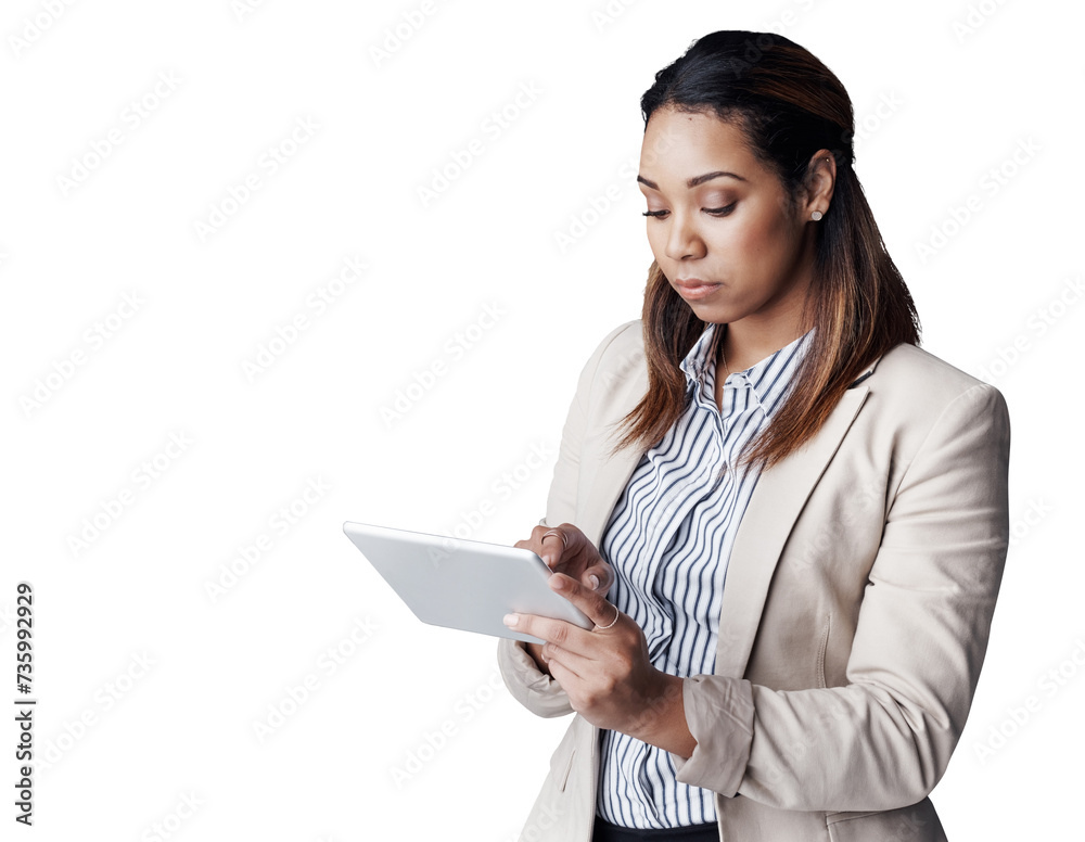 Business woman, tablet and typing for research, communication or networking on a transparent PNG background. Young female person or employee reading on technology for online search, internet or web Business woman, tablet and typing for research, communication or networking on a transparent PNG background. Young female person or employee reading on technology for online search, internet or web