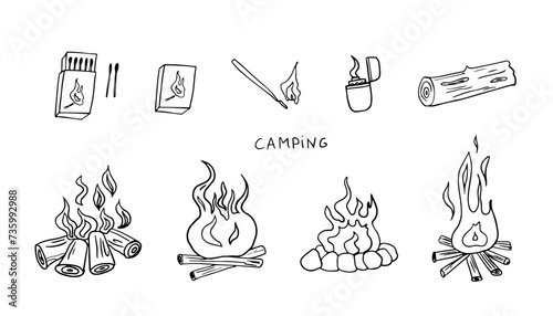 Set of camping elements in doodle style. Campfire, matches, box of matches, lighter, struck match, log, wooden block, bonfire. Travel design. Adventure. Great for prints, poster, professional design.