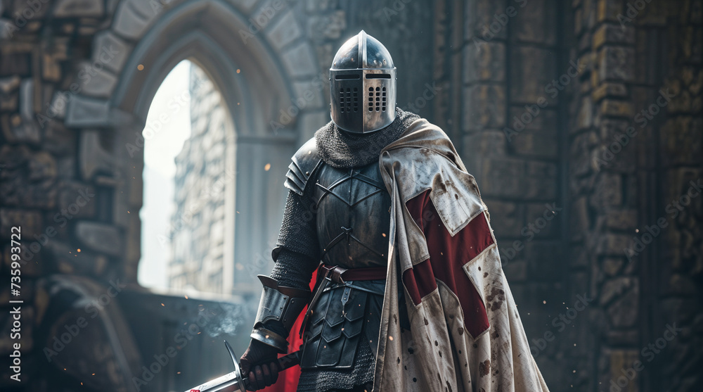 Knight templar crusader with a cape holding a sword, medieval warrior chivalry concept