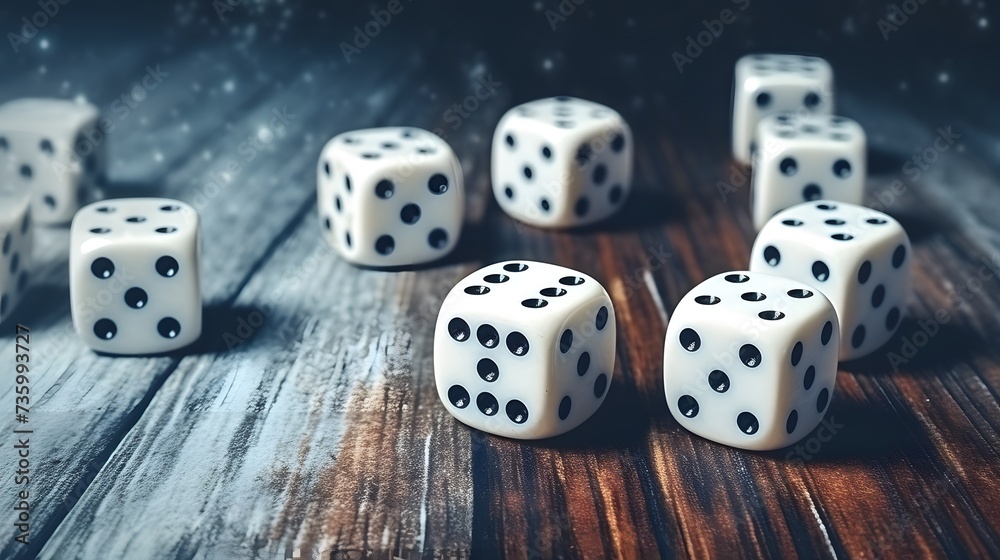Game of chance concept. Gambling devices. White dice on rustic wooden board. Copy space for text.
Game of chance concept. Gambling devices. White dice on rustic wooden board. Copy space for text.