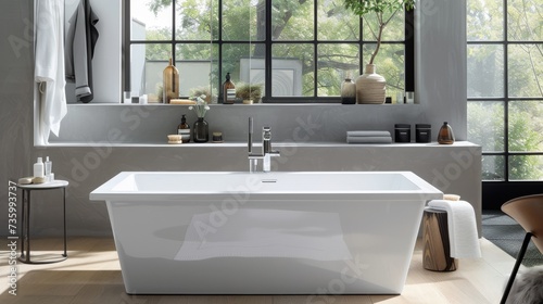 Modern International Style Bathroom with Freestanding Rectangular Bathtub