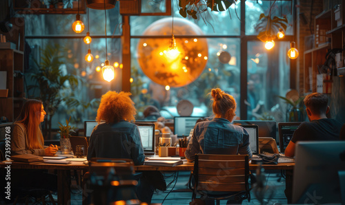 A group of focused individuals work on their laptops in a cozy, plant-filled cafe illuminated by warm hanging lights.