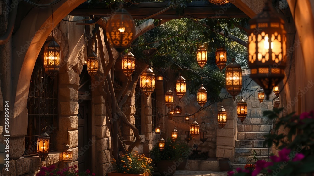 Traditional Ramadan lanterns in a cozy courtyard with stone walls and blooming flowers