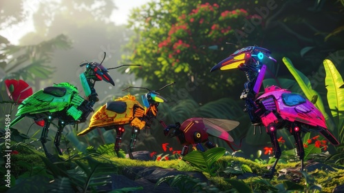 Vibrant futuristic landscape with neon-colored robotic birds, insects, and animals. Nature and technology coexist in this cybernetic wildlife scene