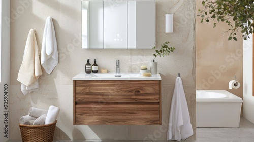 Contemporary Bathroom with Wall-Mounted Vanity and Recessed Medicine Cabinet AI Generated.