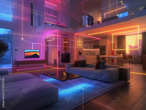 A modern home with interconnected devices  smartphones  tablets  and smart speakers. Neon-colored lines represent seamless connectivity and communication